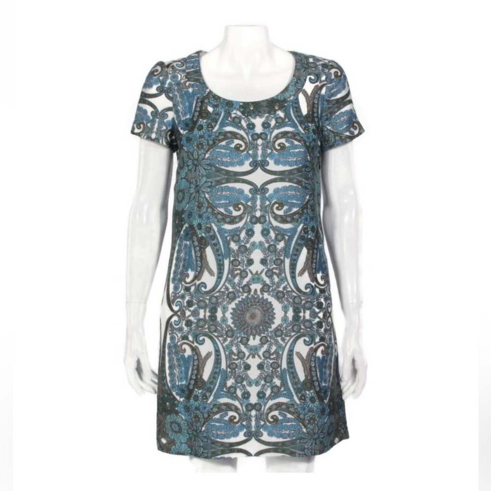 SEE BY CHLOE Paisley Floral Blue Green White Metallic Gold Shift Dress Size 2